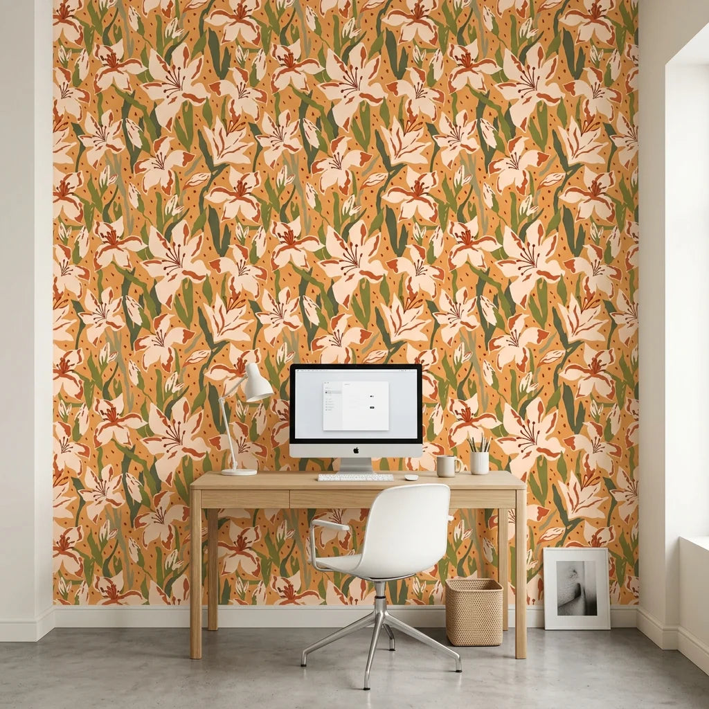 Amber Bloom autumnal floral wallpaper as a feature wall in a bright home office