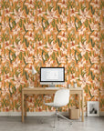 Amber Bloom autumnal floral wallpaper as a feature wall in a bright home office