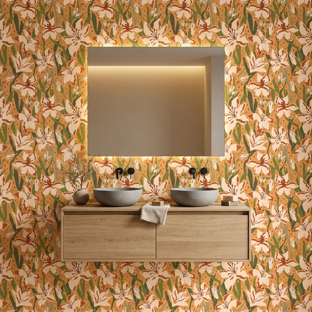 Amber Bloom autumnal floral wallpaper creating ambiance in a serene bathroom