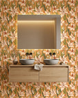 Amber Bloom autumnal floral wallpaper creating ambiance in a serene bathroom