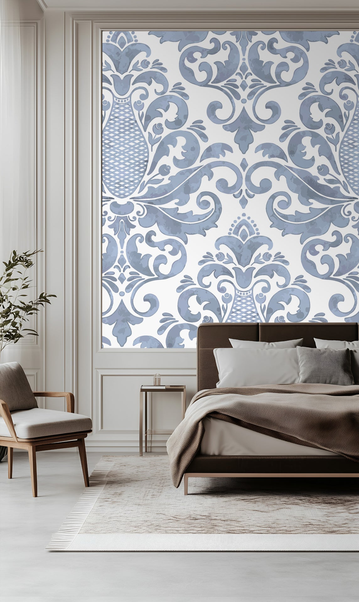 Decorative wallpaper applied to a wall in a bedroom setting.
