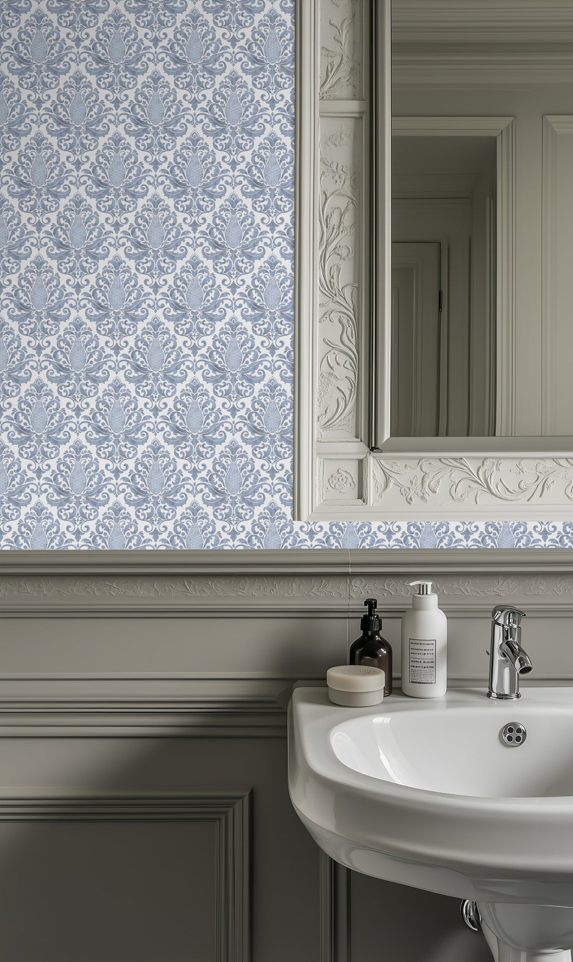 Cool blue damask wallpaper for an inviting and traditional interior.