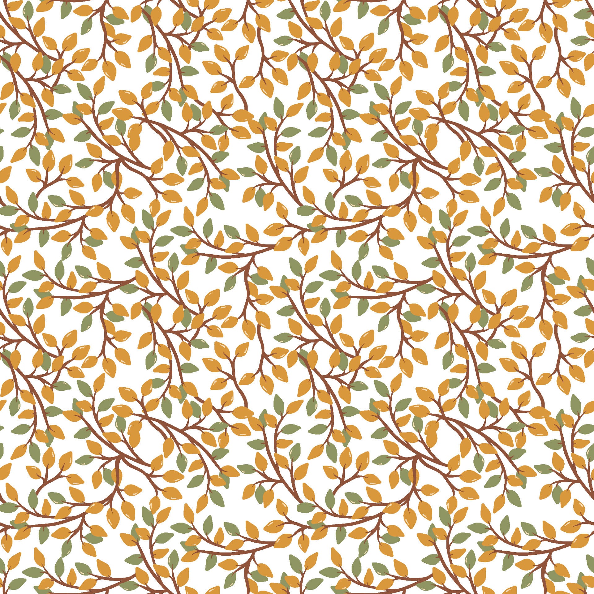Amber and green foliage pattern displayed on white botanical wall covering