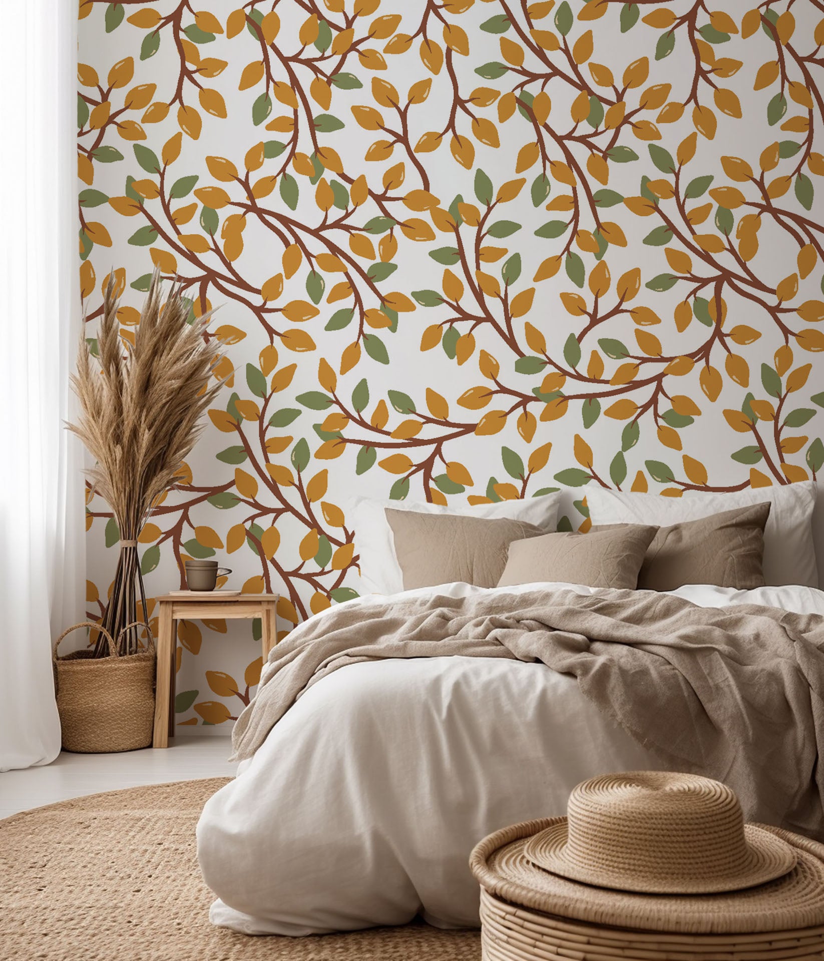 A botanical pattern wallpaper featuring a white background, accented by golden and green foliage