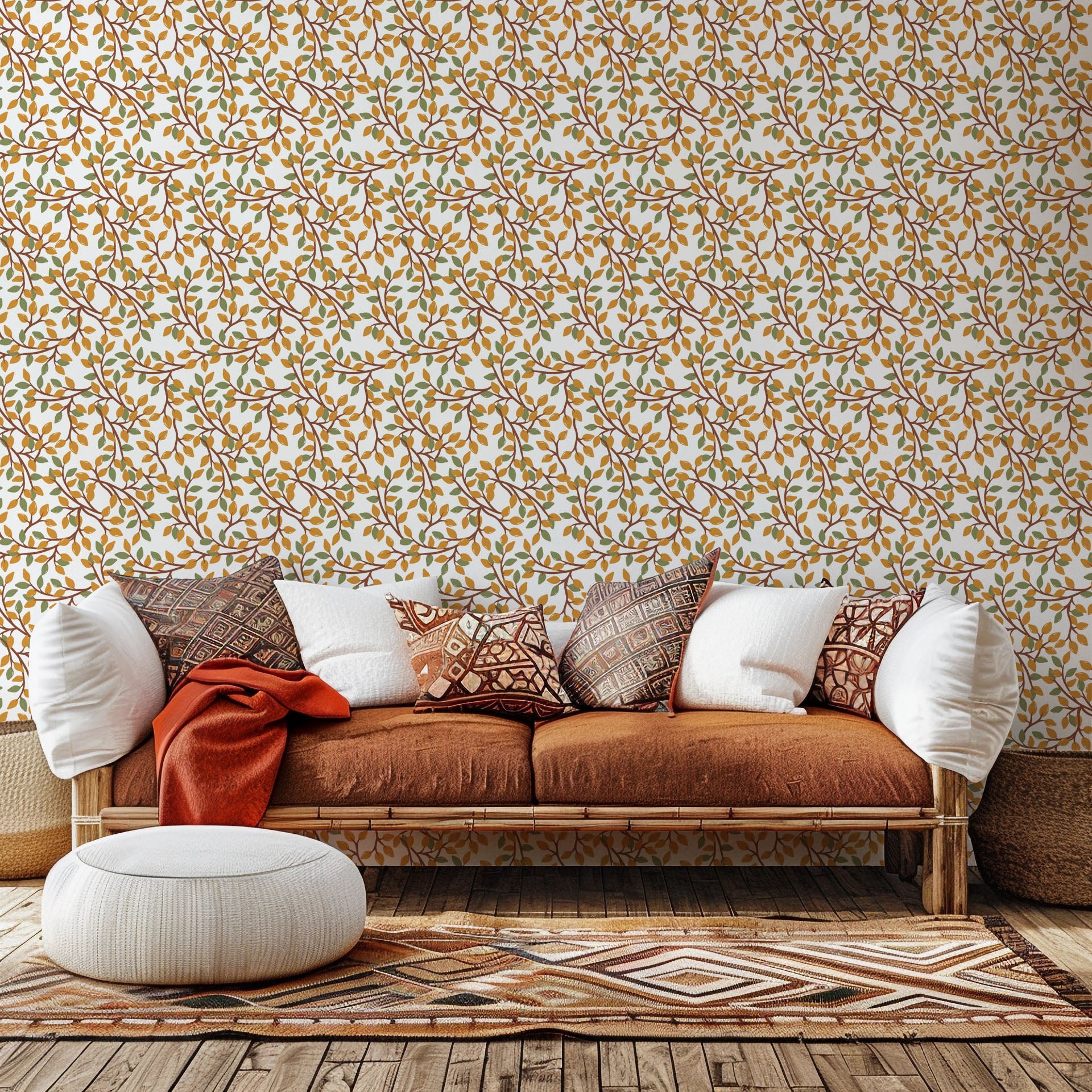 White wall covering featuring green and amber leaves on a botanical vine pattern (Amber Breeze)