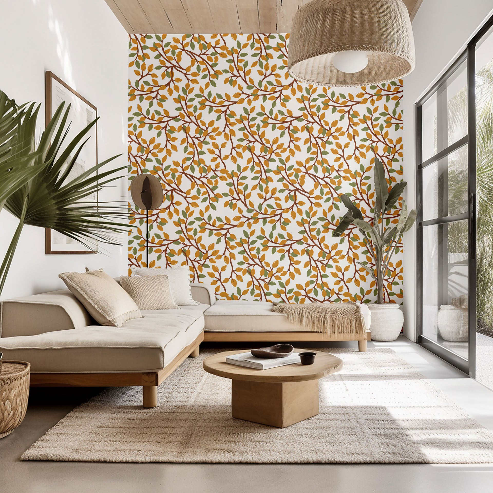 A wall covering featuring an Amber Breeze botanical design, showcasing white vines contrasted with green and amber foliage