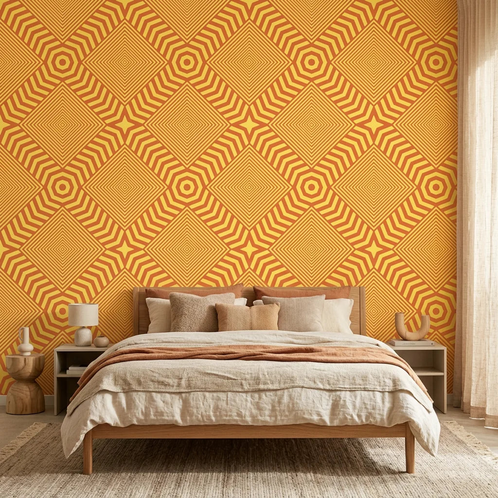 Amber Chevron bold geometric peel and stick wallpaper in a warm and inviting living room