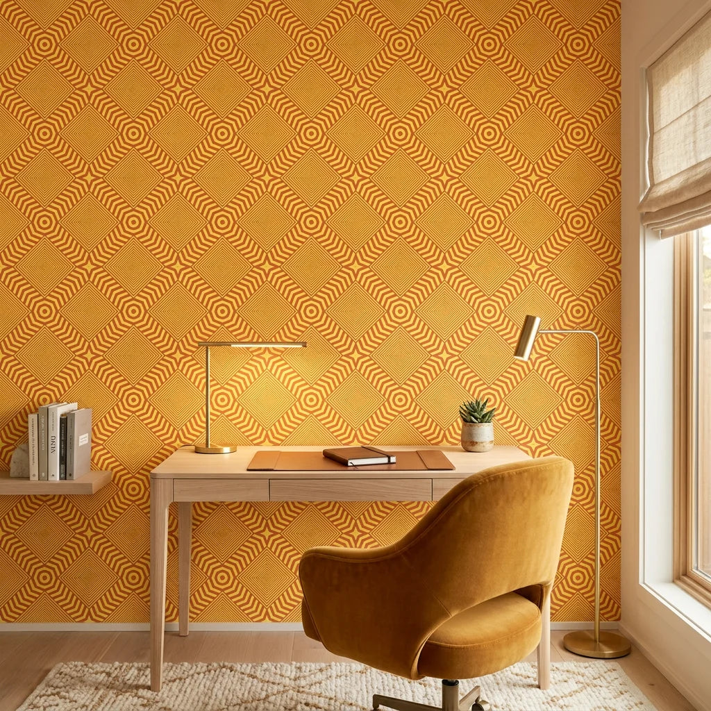 Amber Chevron bold geometric peel and stick wallpaper adding character to a cozy bedroom