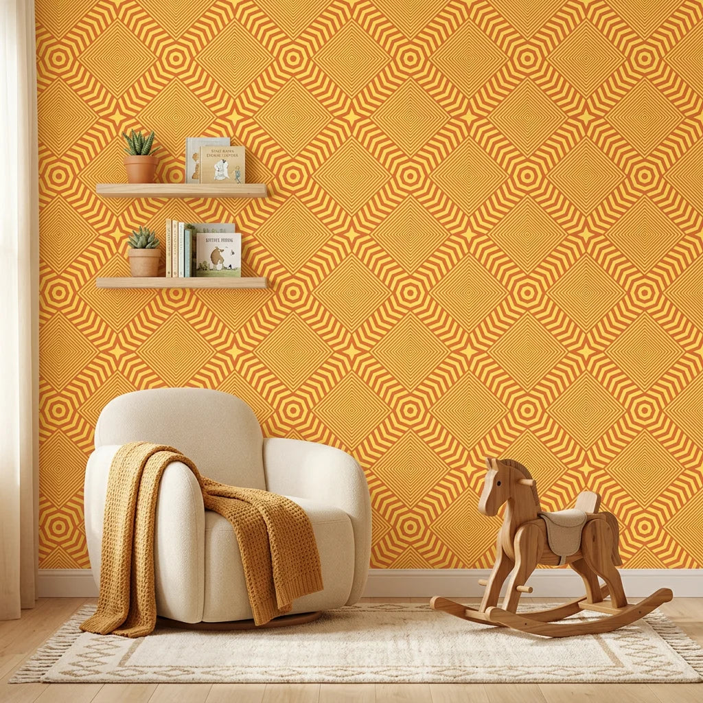 Amber Chevron bold geometric peel and stick wallpaper as a feature wall in a bright home office