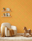 Amber Chevron bold geometric peel and stick wallpaper as a feature wall in a bright home office