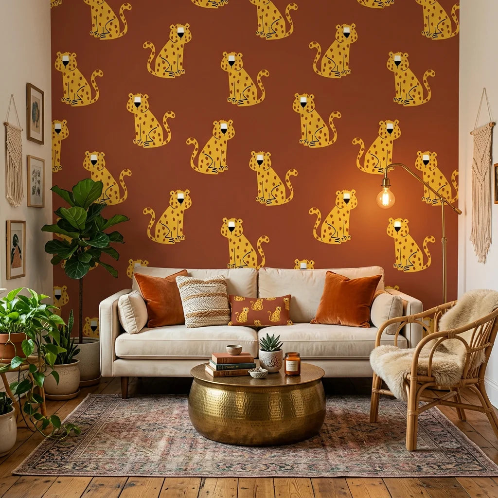 Amber Glimmer Terracotta Leopard Print Wallpaper in a warm and inviting living room