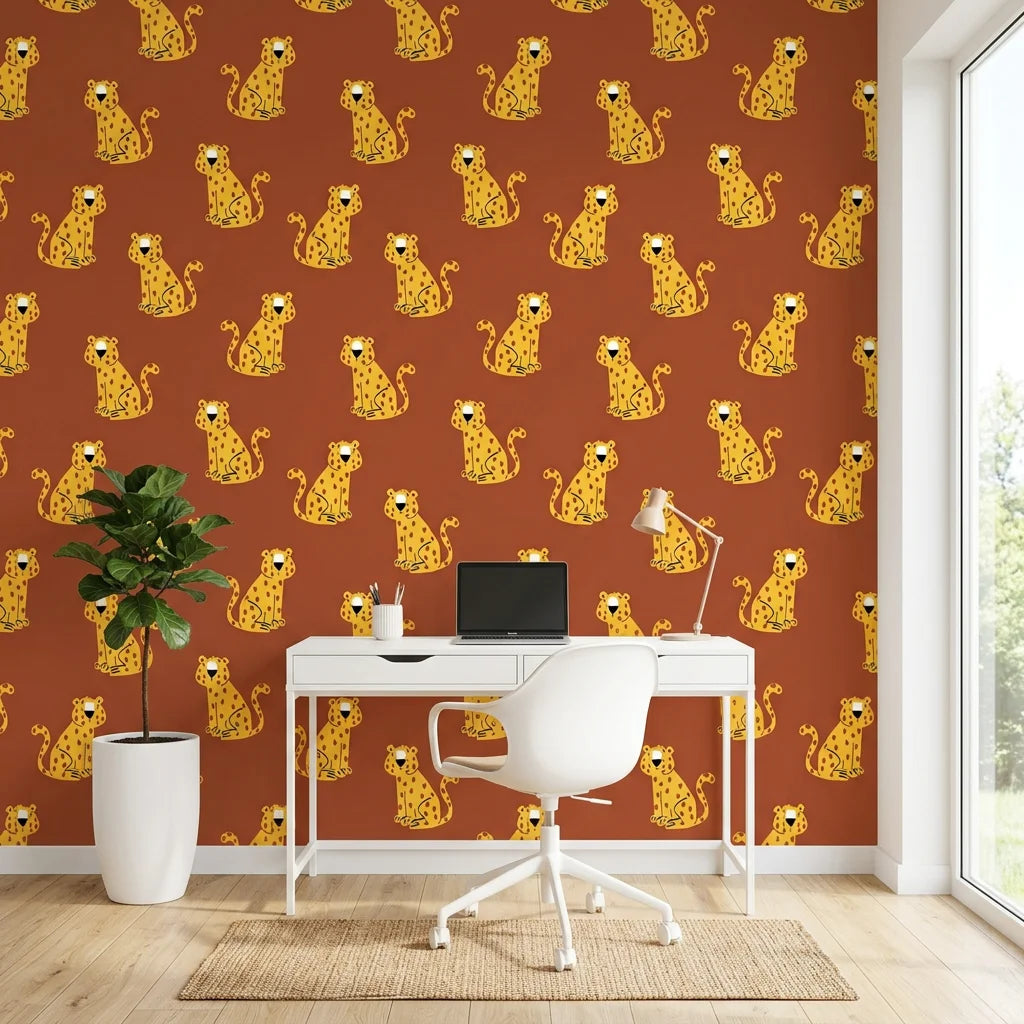 Amber Glimmer Terracotta Leopard Print Wallpaper as a feature wall in a bright home office