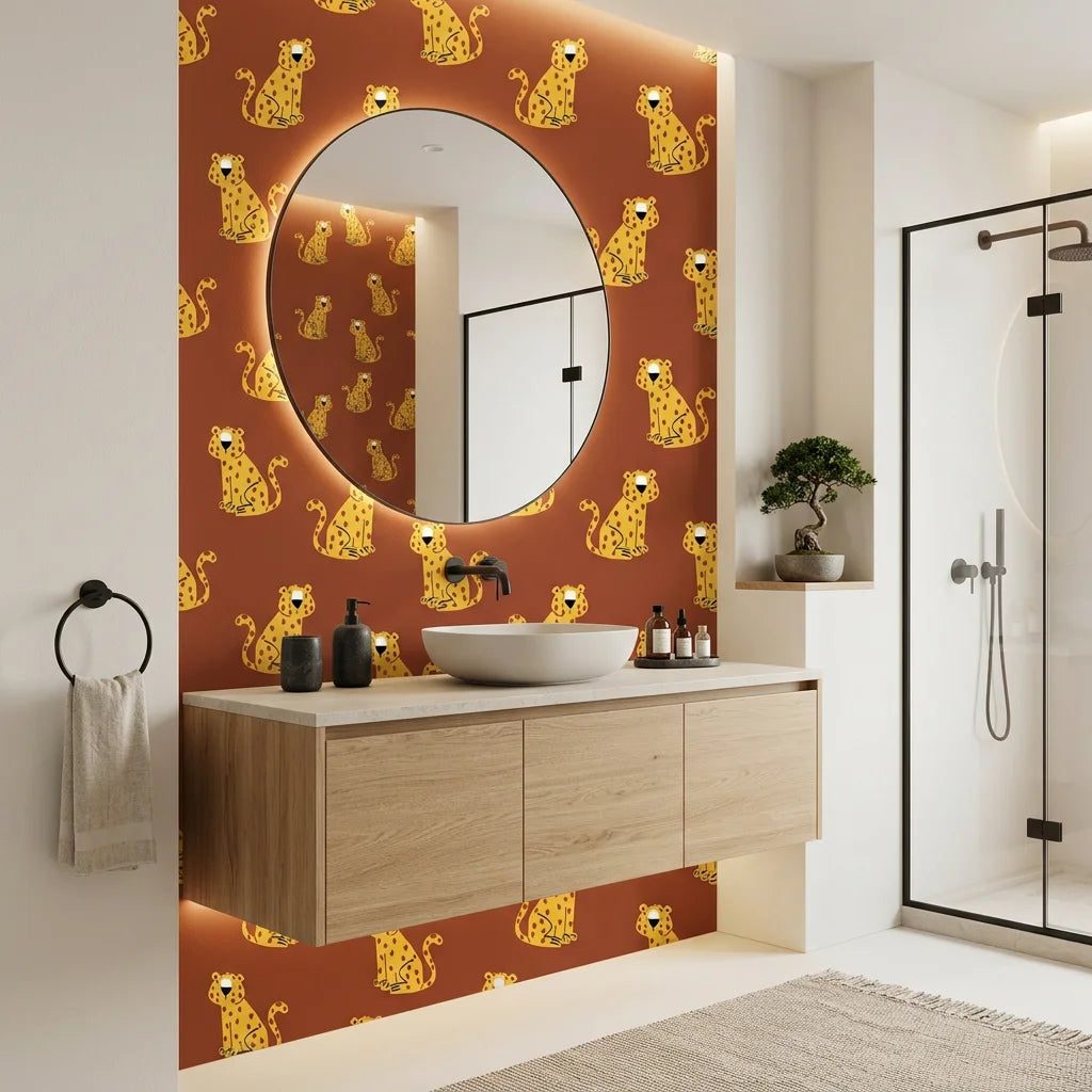 Amber Glimmer Terracotta Leopard Print Wallpaper creating ambiance in a serene bathroom