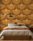 Amber Glow warm golden abstract wallpaper in a warm and inviting living room