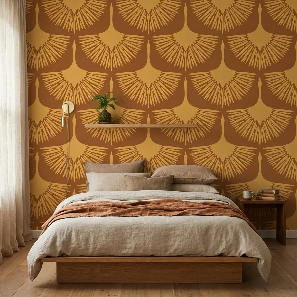 Amber Glow warm golden abstract wallpaper in a warm and inviting living room