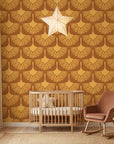 Amber Glow warm golden abstract wallpaper adding character to a cozy bedroom