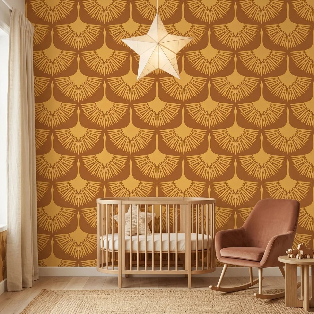 Amber Glow warm golden abstract wallpaper adding character to a cozy bedroom