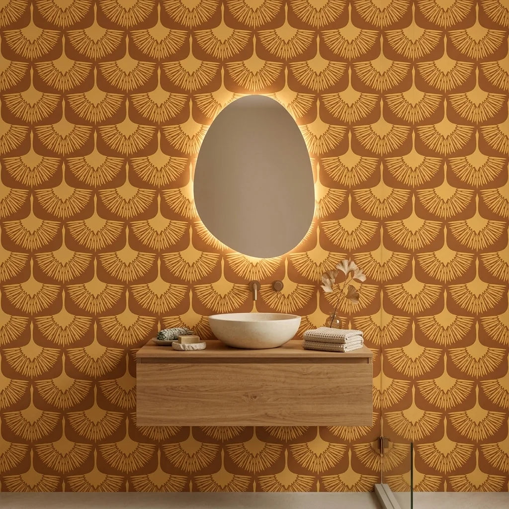 Amber Glow warm golden abstract wallpaper as a feature wall in a bright home office