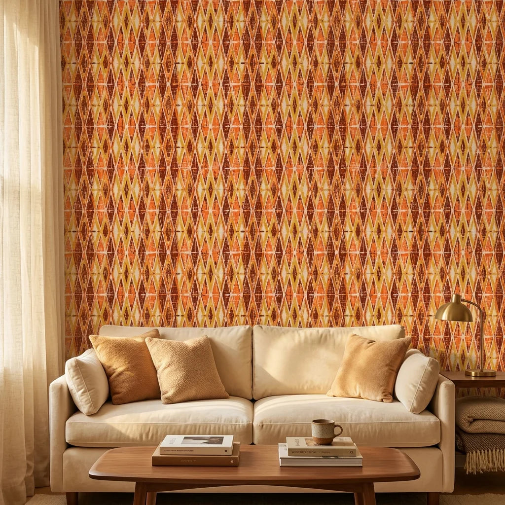 Textured orange brown geometric ikat peel and stick wallpaper - Amber Ikat