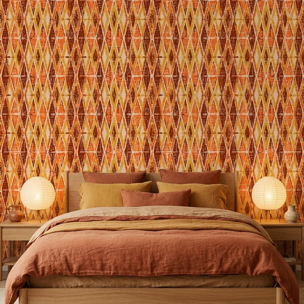 Amber Ikat retro geometric peel and stick wallpaper in a warm and inviting living room