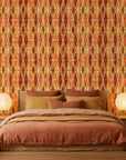 Amber Ikat retro geometric peel and stick wallpaper in a warm and inviting living room