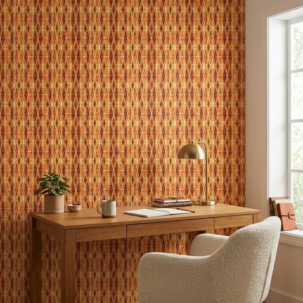 Amber Ikat retro geometric peel and stick wallpaper adding character to a cozy bedroom