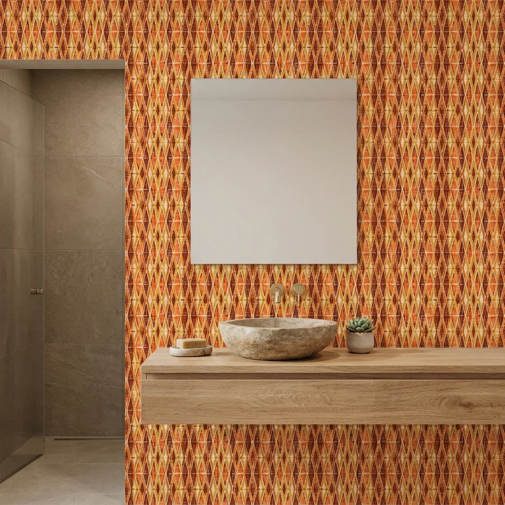 Amber Ikat retro geometric peel and stick wallpaper as a feature wall in a bright home office