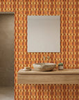 Amber Ikat retro geometric peel and stick wallpaper as a feature wall in a bright home office