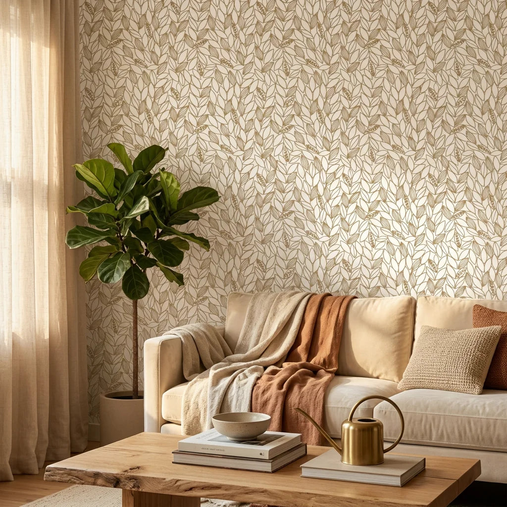 Smooth gold botanical leaf pattern peel and stick wallpaper - Amber Leaf