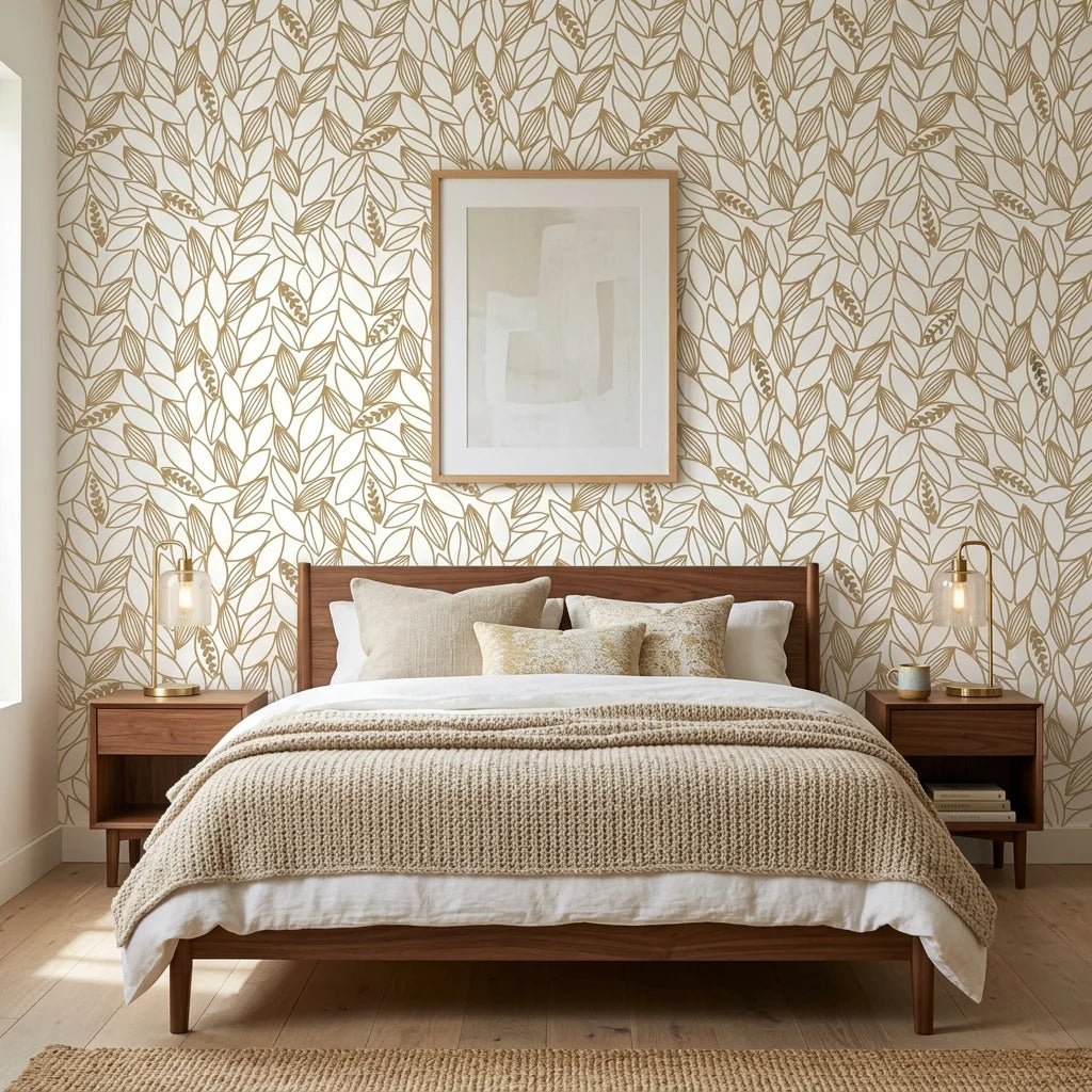 Amber Leaf gold botanical wallpaper in a warm and inviting living room