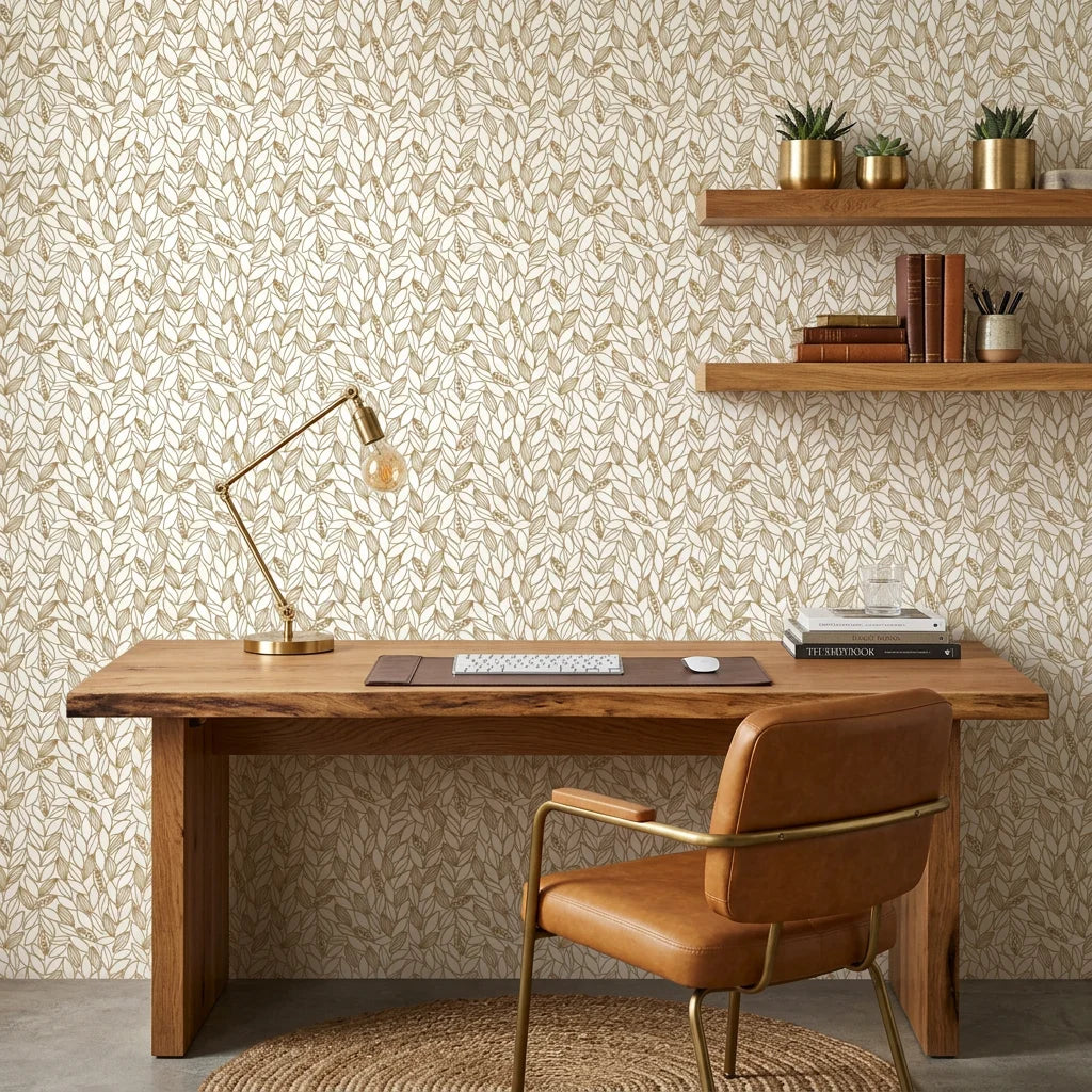 Amber Leaf gold botanical wallpaper adding character to a cozy bedroom