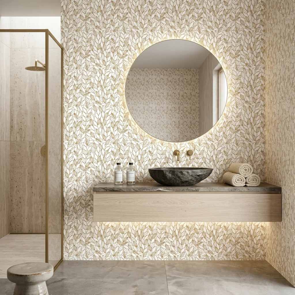 Amber Leaf gold botanical wallpaper as a feature wall in a bright home office