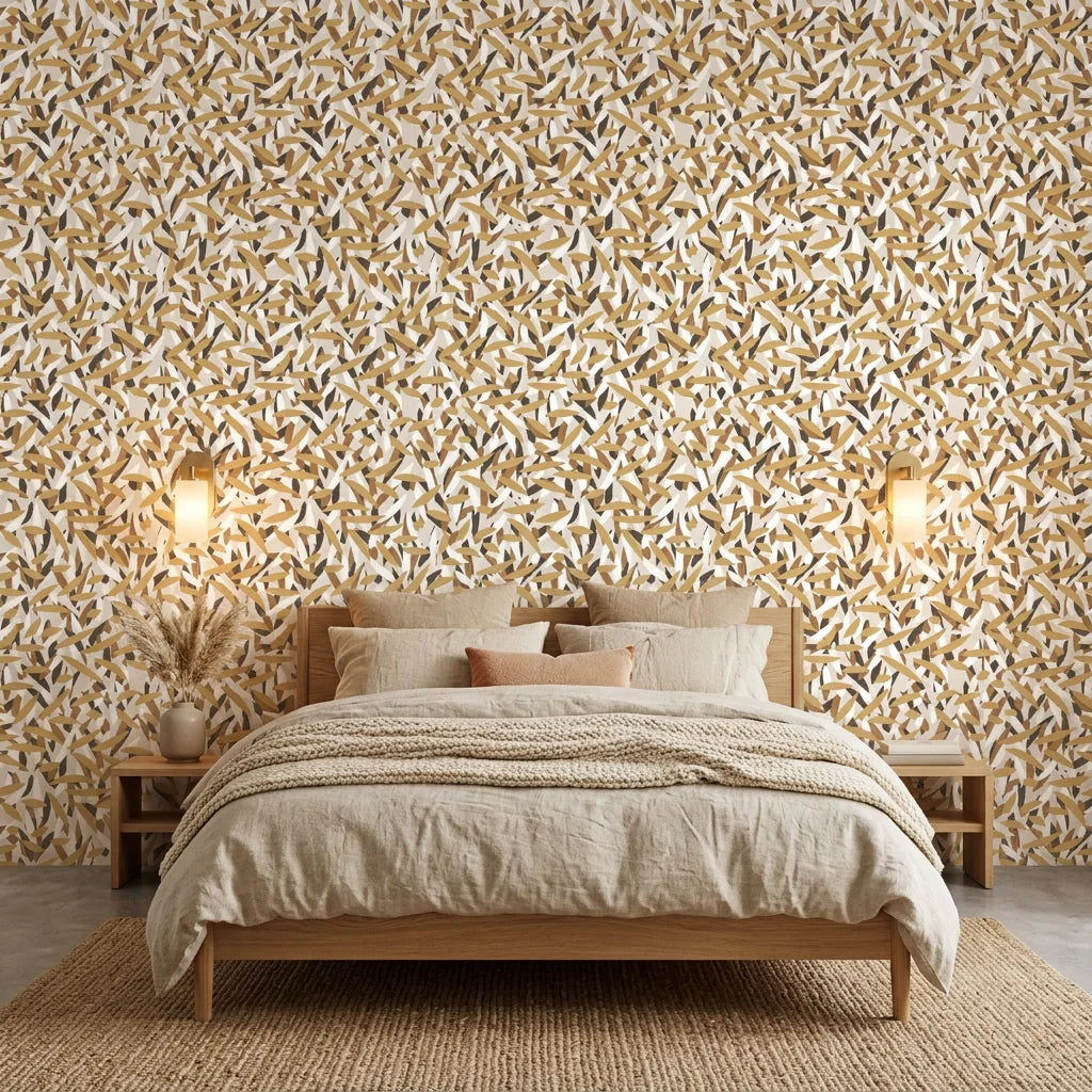 Amber Leaves neutral abstract wallpaper in a warm and inviting living room