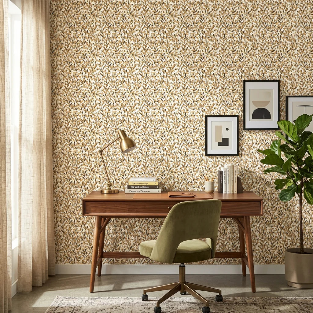 Amber Leaves neutral abstract wallpaper adding character to a cozy bedroom