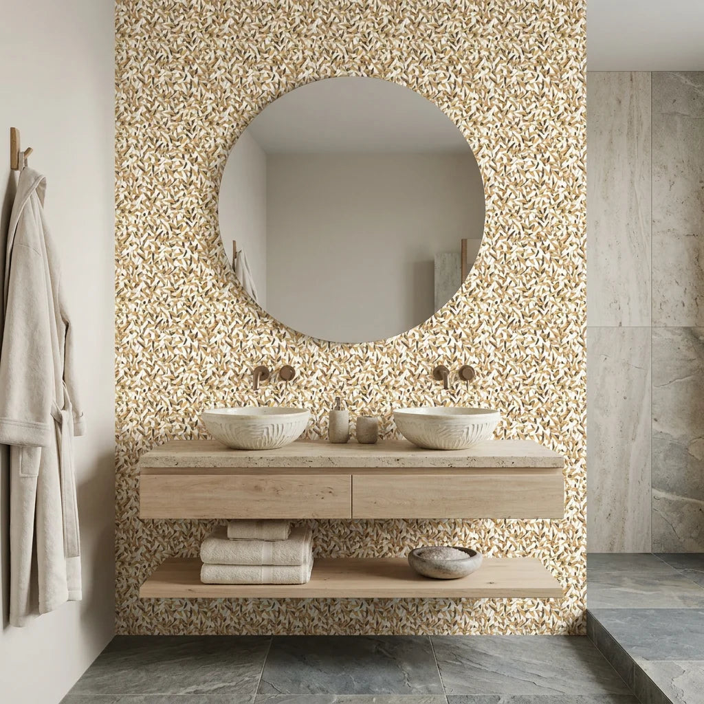 Amber Leaves neutral abstract wallpaper as a feature wall in a bright home office