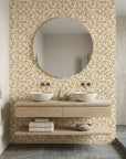 Amber Leaves neutral abstract wallpaper as a feature wall in a bright home office