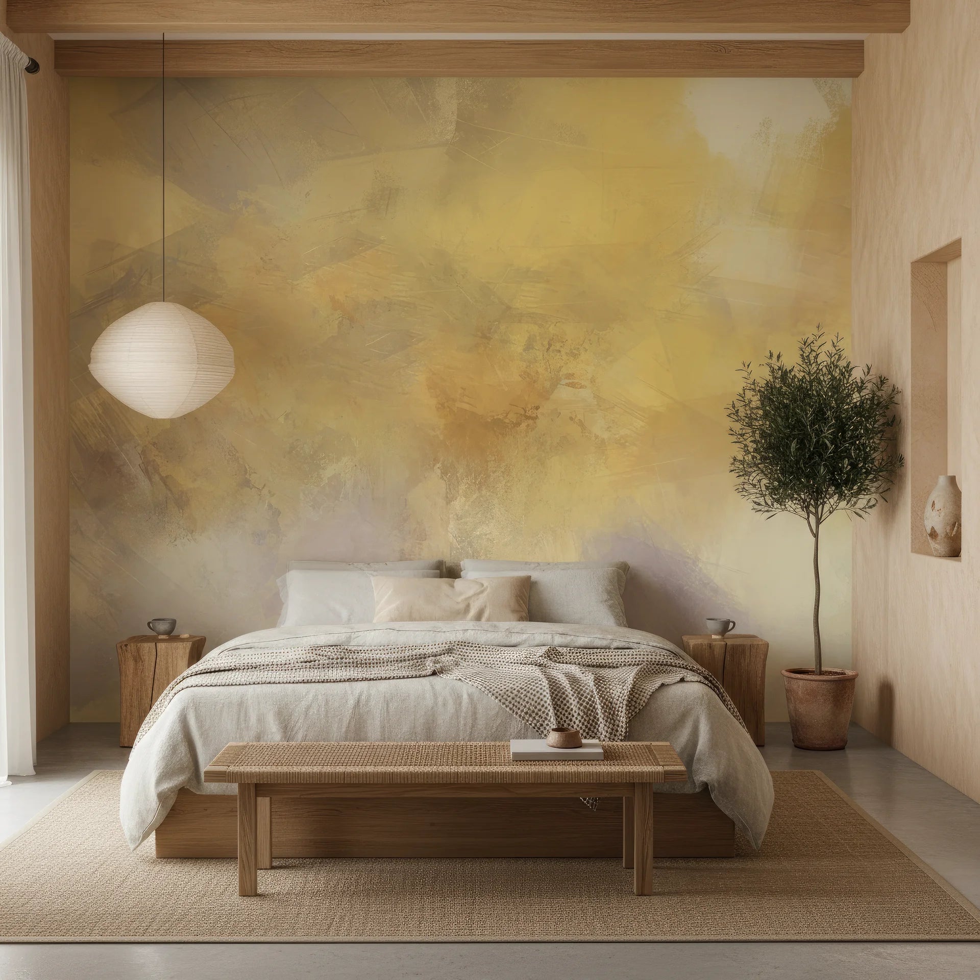Pre-pasted wallpaper in golden tones creating ethereal light effect