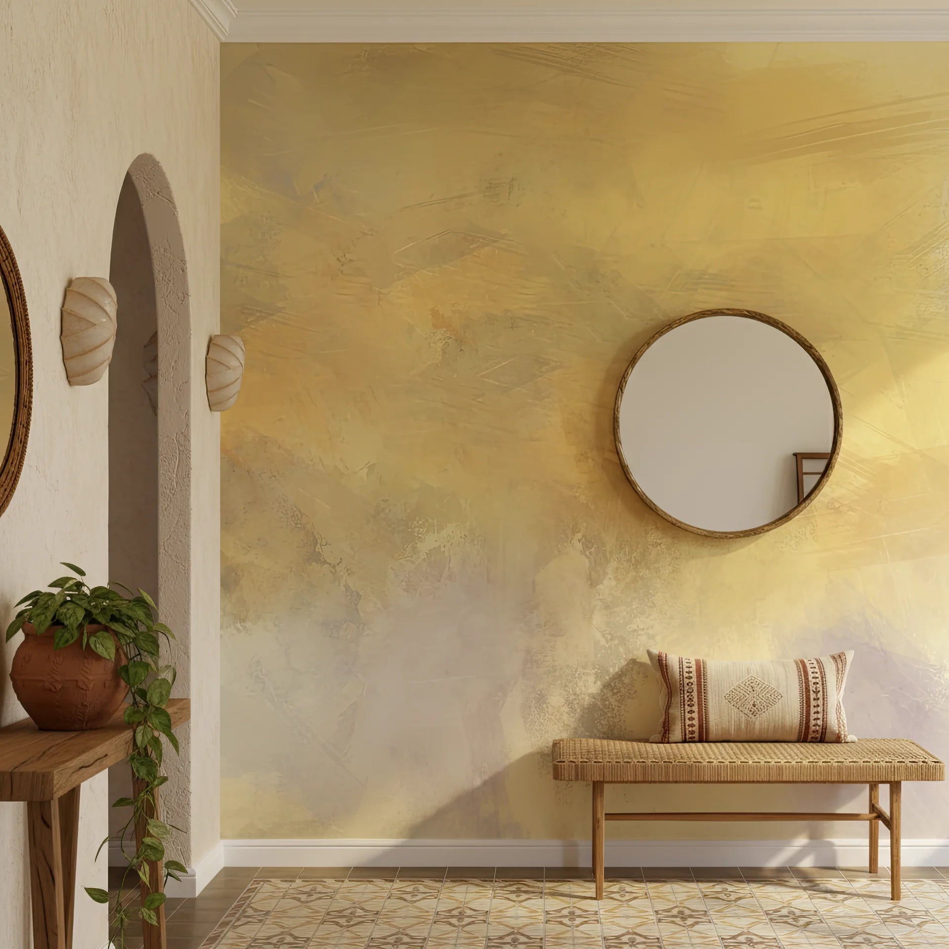 Golden abstract pattern removable wallpaper sample with warm glow