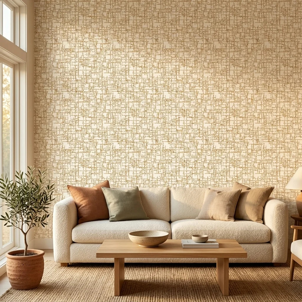 Amber Mosaic golden geometric peel and stick wallpaper in a warm and inviting living room