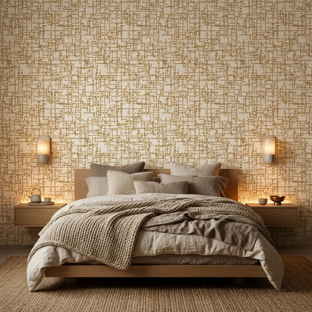 Amber Mosaic golden geometric peel and stick wallpaper adding character to a cozy bedroom
