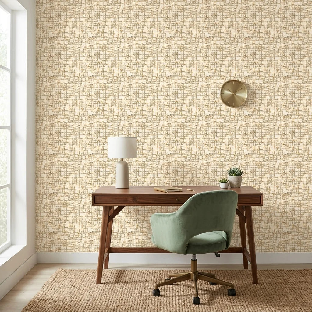 Amber Mosaic golden geometric peel and stick wallpaper as a feature wall in a bright home office