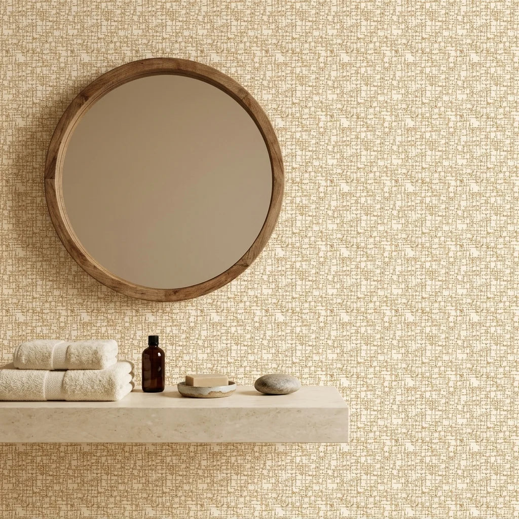 Amber Mosaic golden geometric peel and stick wallpaper creating ambiance in a serene bathroom