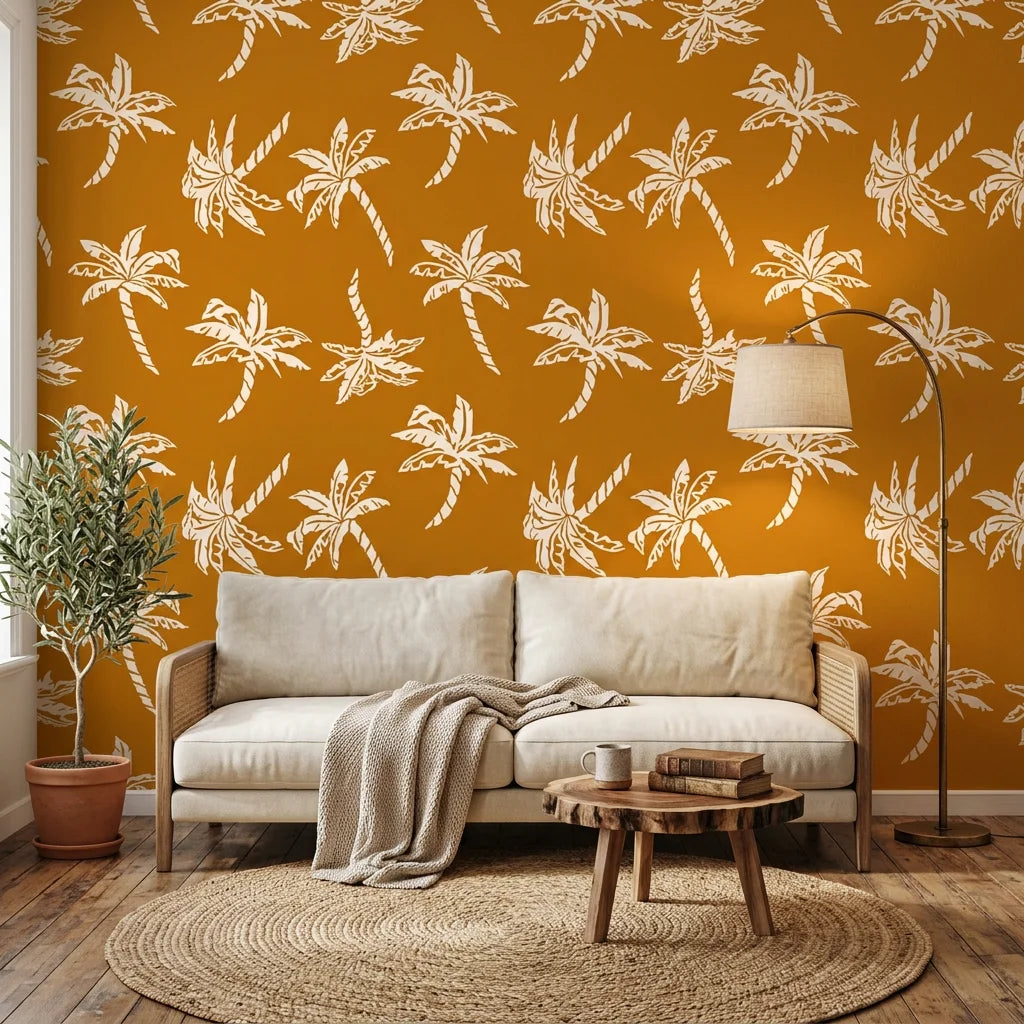 Amber Palms retro palm wallpaper in a warm and inviting living room