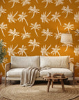 Amber Palms retro palm wallpaper in a warm and inviting living room