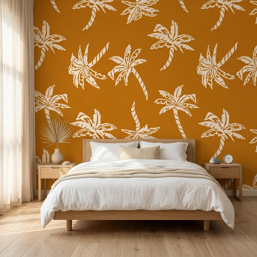 Amber Palms retro palm wallpaper adding character to a cozy bedroom
