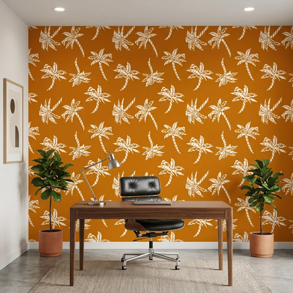 Amber Palms retro palm wallpaper as a feature wall in a bright home office