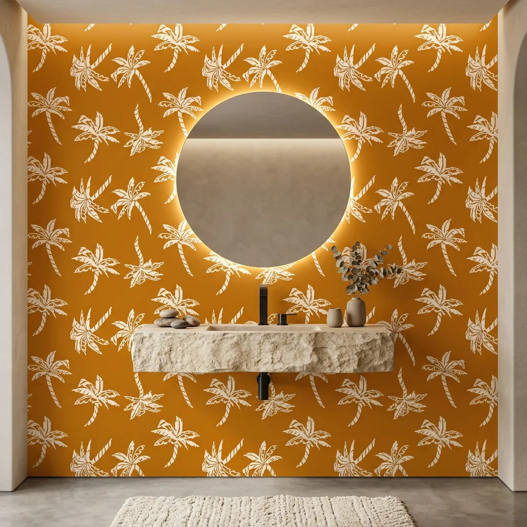 Amber Palms retro palm wallpaper creating ambiance in a serene bathroom