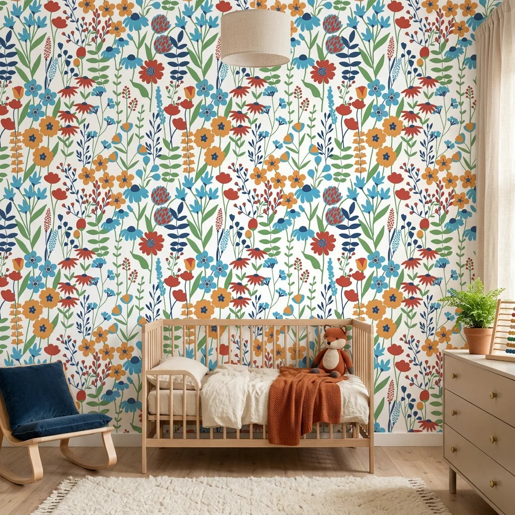 Smooth white colorful floral peel and stick wallpaper - Amber Poppy