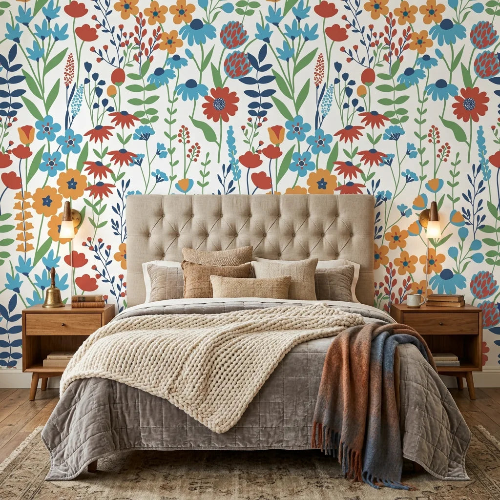 Amber Poppy vibrant floral peel and stick wallpaper in a warm and inviting living room