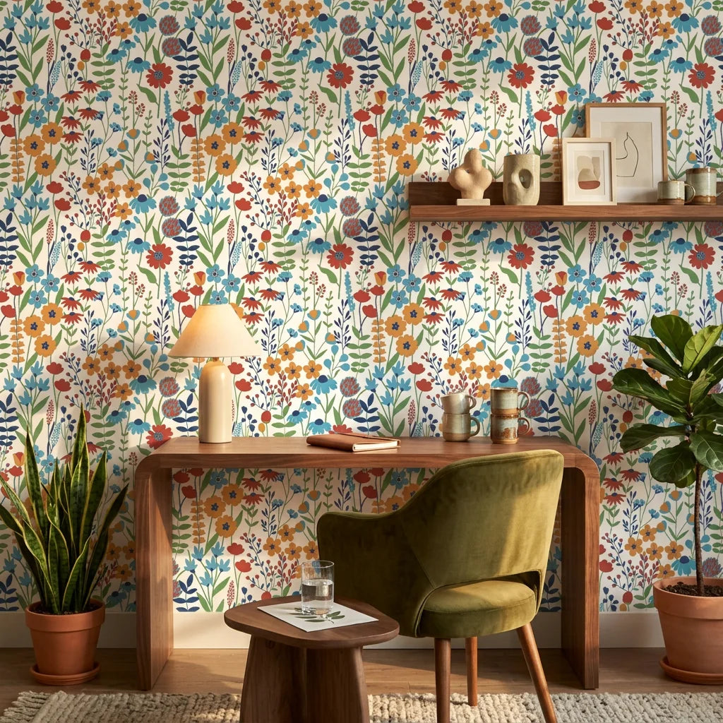 Amber Poppy vibrant floral peel and stick wallpaper adding character to a cozy bedroom
